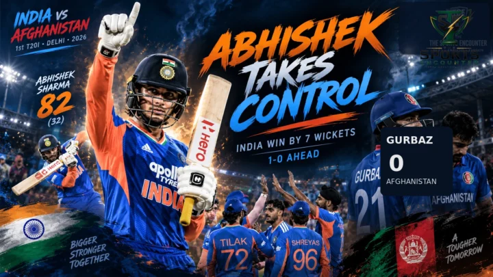 Abhishek Sharma celebrates during his 82 off 32 balls as India defeat Afghanistan by seven wickets in the first T20I at Arun Jaitley Stadium in Delhi.
