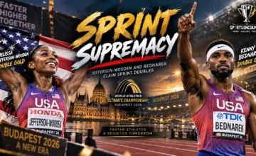 Melissa Jefferson-Wooden and Kenny Bednarek celebrate their 100m and 200m sprint doubles at the 2026 World Athletics Ultimate Championship in Budapest.