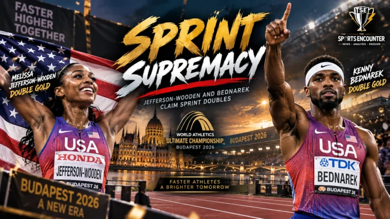 Melissa Jefferson-Wooden and Kenny Bednarek celebrate their 100m and 200m sprint doubles at the 2026 World Athletics Ultimate Championship in Budapest.