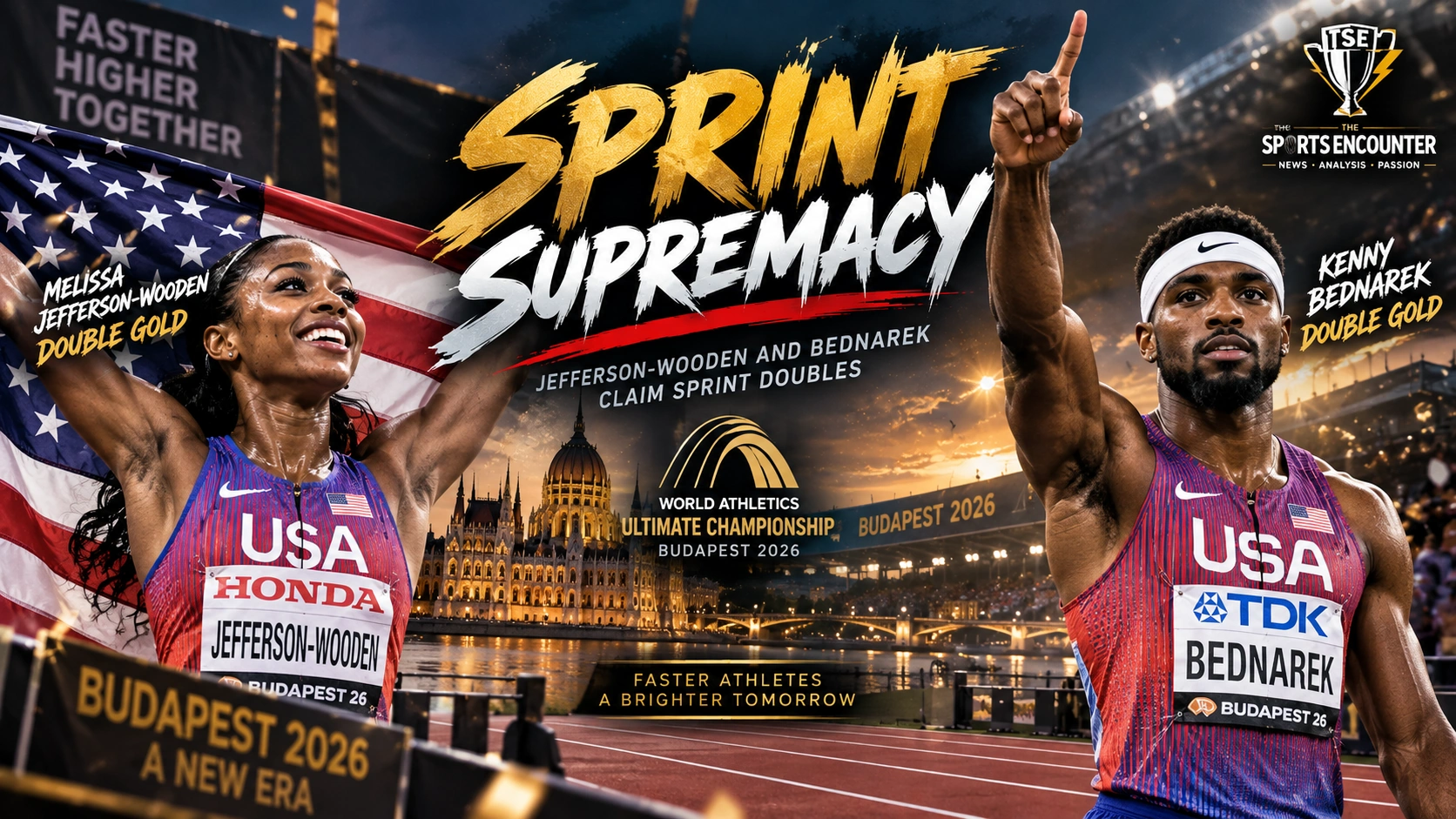 Melissa Jefferson-Wooden and Kenny Bednarek celebrate their 100m and 200m sprint doubles at the 2026 World Athletics Ultimate Championship in Budapest.