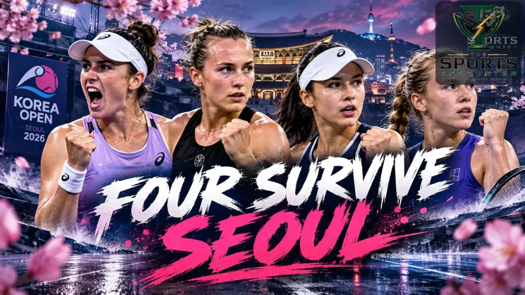 Kimberly Birrell, Maya Joint, Anna Bondar and Alina Korneeva celebrate reaching the Korea Open 2026 semifinals in rain-delayed Seoul.