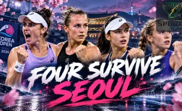 Kimberly Birrell, Maya Joint, Anna Bondar and Alina Korneeva celebrate reaching the Korea Open 2026 semifinals in rain-delayed Seoul.