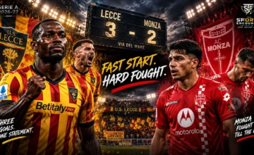 Lecce players celebrate a 3-2 Serie A victory over Monza at Via del Mare in a cinematic match graphic featuring players from both teams and the final score.