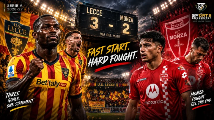 Lecce players celebrate a 3-2 Serie A victory over Monza at Via del Mare in a cinematic match graphic featuring players from both teams and the final score.
