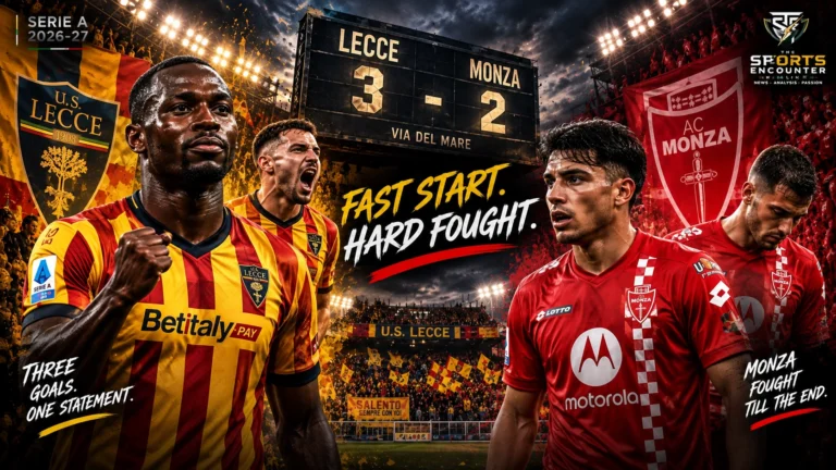 Lecce players celebrate a 3-2 Serie A victory over Monza at Via del Mare in a cinematic match graphic featuring players from both teams and the final score.