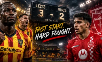 Lassana Coulibaly celebrates for Lecce after scoring twice in a dramatic Serie A victory over Monza at the Via del Mare.