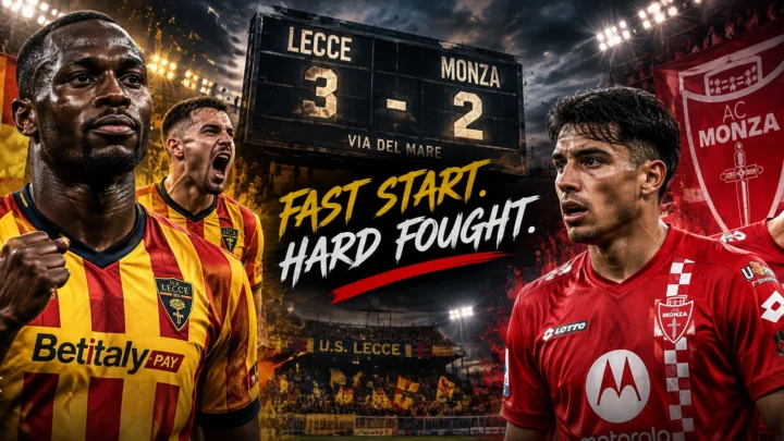 Lassana Coulibaly celebrates for Lecce after scoring twice in a dramatic Serie A victory over Monza at the Via del Mare.