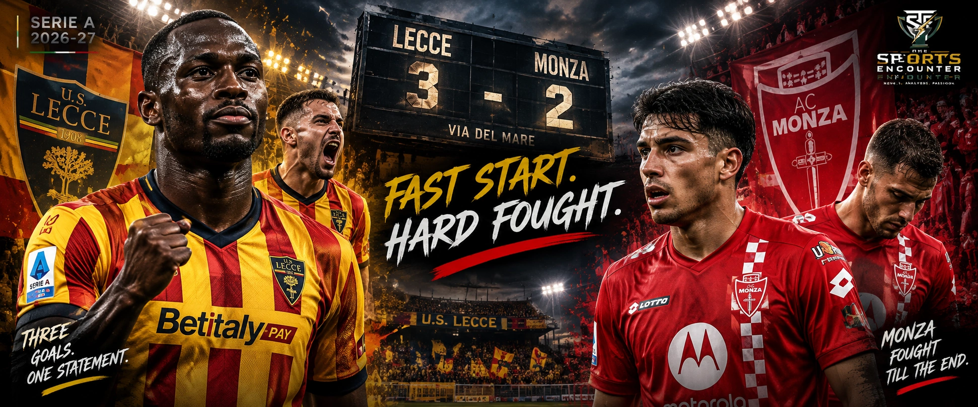 Lassana Coulibaly celebrates for Lecce after scoring twice in a dramatic Serie A victory over Monza at the Via del Mare.