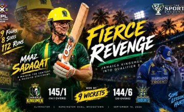 Maaz Sadaqat celebrates after scoring a century for Jamaica Kingsmen against Barbados Tridents in the CPL 2026 Eliminator at Kensington Oval.