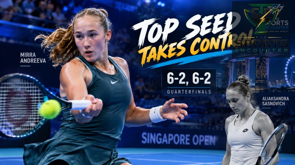 Mirra Andreeva celebrates after defeating Aliaksandra Sasnovich 6-2, 6-2 to reach the 2026 Singapore Open quarterfinals.