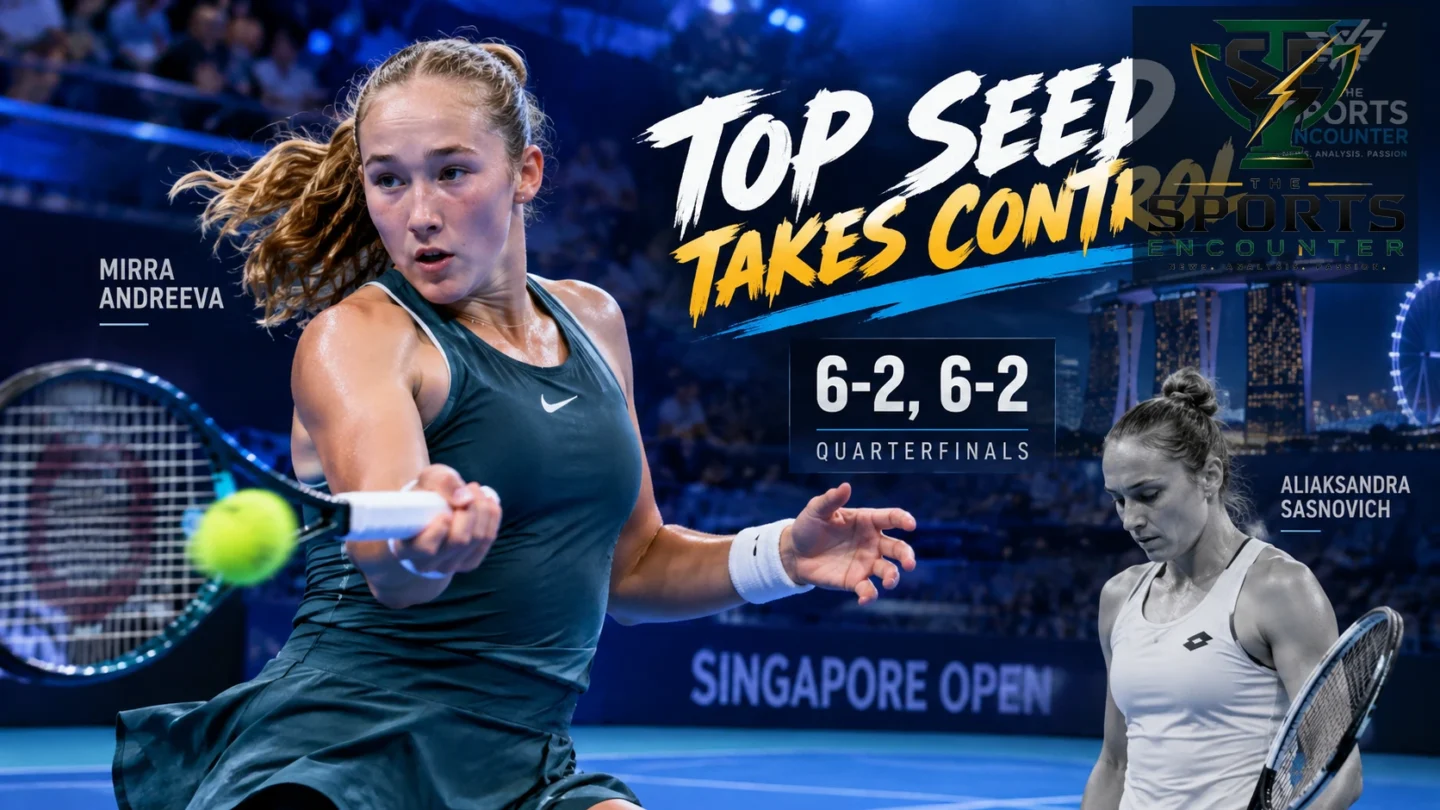 Mirra Andreeva celebrates after defeating Aliaksandra Sasnovich 6-2, 6-2 to reach the 2026 Singapore Open quarterfinals.