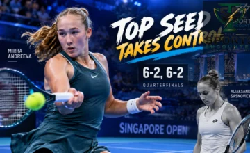 Mirra Andreeva celebrates after defeating Aliaksandra Sasnovich 6-2, 6-2 to reach the 2026 Singapore Open quarterfinals.