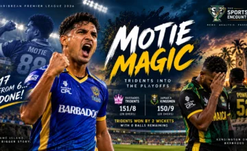 Gudakesh Motie celebrates Barbados Tridents' last-ball victory over Jamaica Kingsmen at Kensington Oval as both teams secure CPL 2026 playoff places.