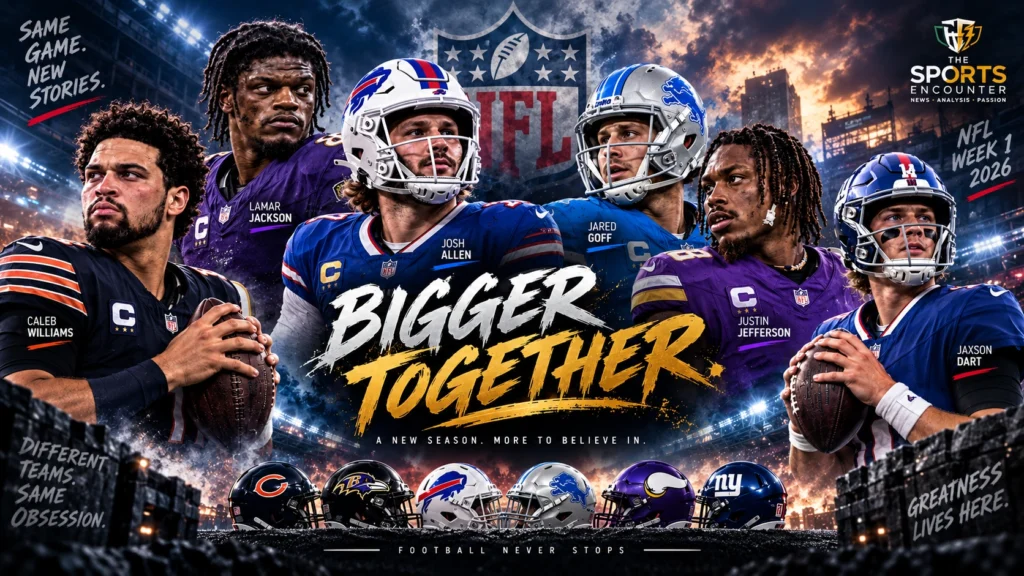 NFL Week 1 2026 featured graphic showing leading players and teams from a 13-game slate highlighted by the Bears' 59-point win, the Lions' overtime victory and major performances across the league.