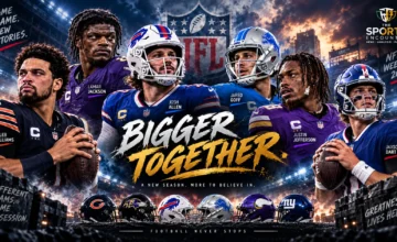 NFL Week 1 2026 featured graphic showing leading players and teams from a 13-game slate highlighted by the Bears' 59-point win, the Lions' overtime victory and major performances across the league.