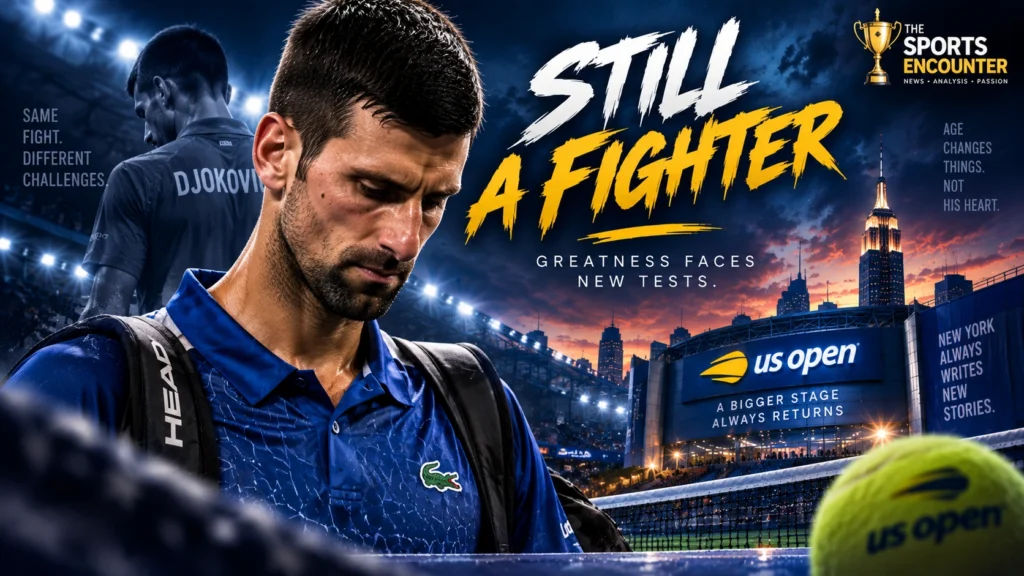 Novak Djokovic looks dejected at the 2026 US Open in a cinematic TSE graphic examining whether age and physical mileage are affecting his pursuit of Grand Slam No. 25.