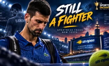 Novak Djokovic looks dejected at the 2026 US Open in a cinematic TSE graphic examining whether age and physical mileage are affecting his pursuit of Grand Slam No. 25.