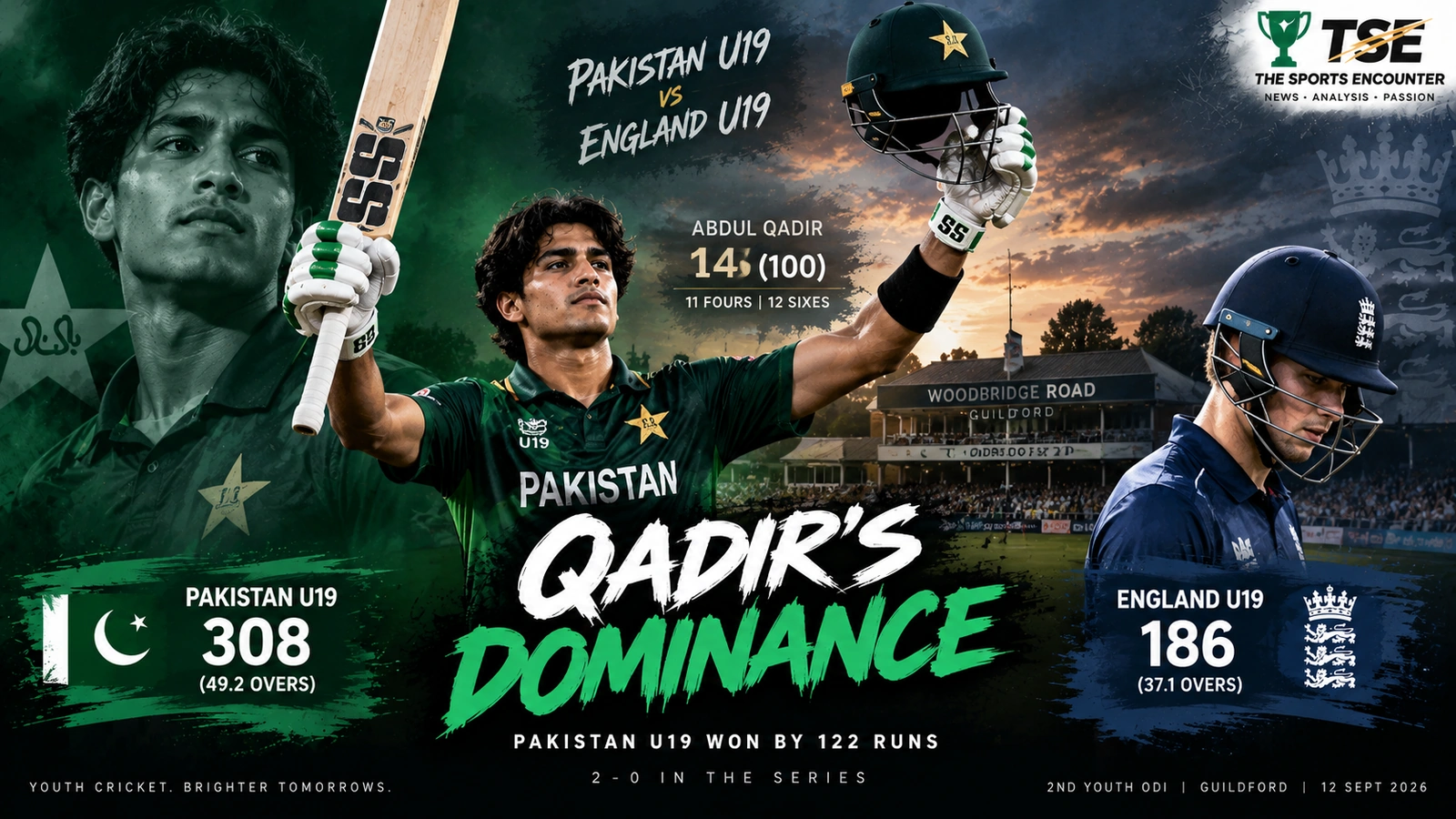 Abdul Qadir celebrates after scoring 146 for Pakistan Under-19s against England Under-19s in the second Youth ODI at Guildford.