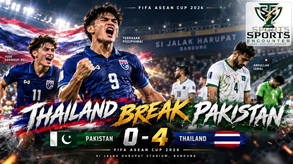 Teerasak Poeiphimai and Jude Soonsup-Bell celebrate Thailand’s 4-0 FIFA ASEAN Cup 2026 victory over Pakistan at Si Jalak Harupat Stadium in Bandung.