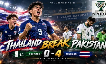 Teerasak Poeiphimai and Jude Soonsup-Bell celebrate Thailand’s 4-0 FIFA ASEAN Cup 2026 victory over Pakistan at Si Jalak Harupat Stadium in Bandung.