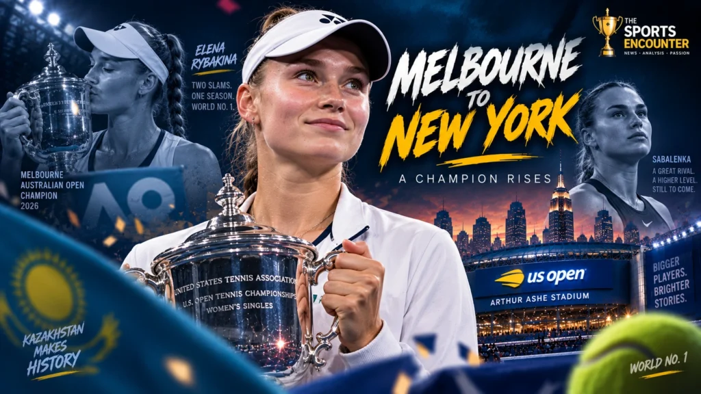 Elena Rybakina celebrates with the 2026 US Open trophy after defeating Aryna Sabalenka, completing an Australian Open-US Open double and her rise to World No. 1.