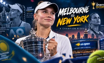 Elena Rybakina celebrates with the 2026 US Open trophy after defeating Aryna Sabalenka, completing an Australian Open-US Open double and her rise to World No. 1.