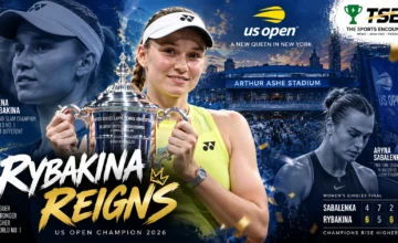 Elena Rybakina celebrates with the US Open trophy after defeating Aryna Sabalenka in three sets to win the 2026 US Open women's singles title at Arthur Ashe Stadium.