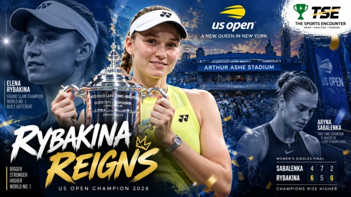 Elena Rybakina celebrates with the US Open trophy after defeating Aryna Sabalenka in three sets to win the 2026 US Open women's singles title at Arthur Ashe Stadium.