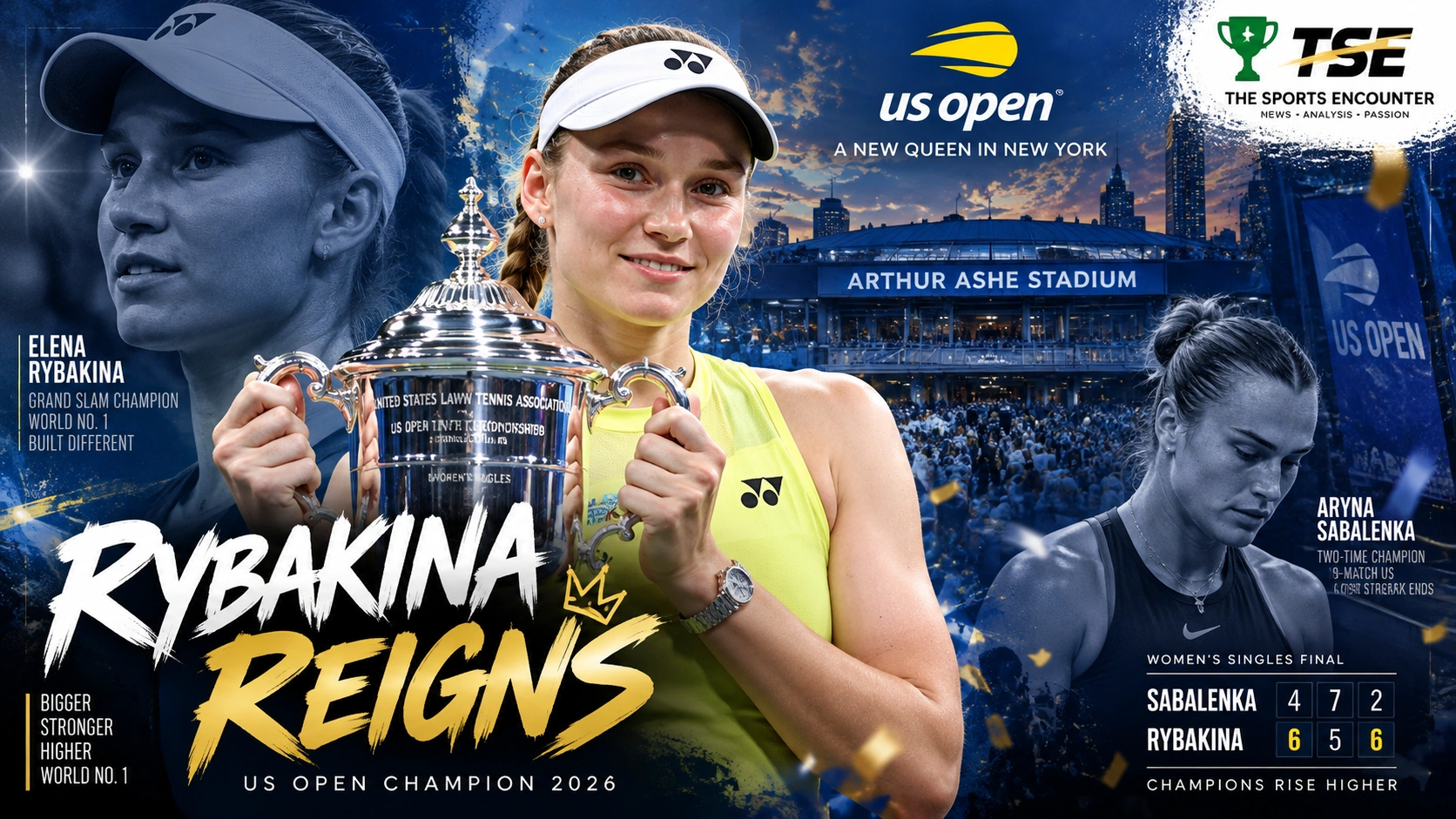 Elena Rybakina celebrates with the US Open trophy after defeating Aryna Sabalenka in three sets to win the 2026 US Open women's singles title at Arthur Ashe Stadium.