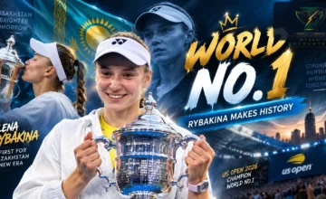 Elena Rybakina celebrates with the US Open trophy in a cinematic The Sports Encounter graphic marking her historic rise to WTA World No. 1 and Kazakhstan’s first tennis No. 1.
