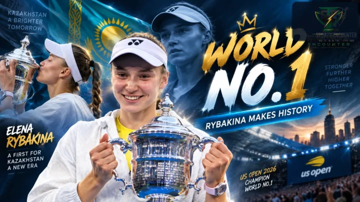 Elena Rybakina celebrates with the US Open trophy in a cinematic The Sports Encounter graphic marking her historic rise to WTA World No. 1 and Kazakhstan’s first tennis No. 1.