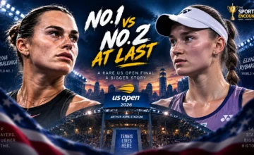Aryna Sabalenka and Elena Rybakina face off in a cinematic Arthur Ashe Stadium graphic for the 2026 US Open women’s final, the first World No. 1 vs No. 2 showdown in New York since 2013.