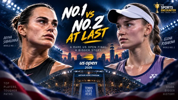Aryna Sabalenka and Elena Rybakina face off in a cinematic Arthur Ashe Stadium graphic for the 2026 US Open women’s final, the first World No. 1 vs No. 2 showdown in New York since 2013.