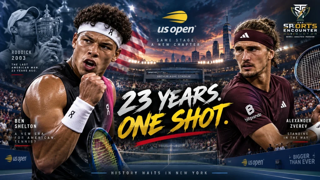 Ben Shelton and Alexander Zverev face off in a cinematic US Open 2026 final graphic at Arthur Ashe Stadium, highlighting America’s 23-year men’s Grand Slam title drought.