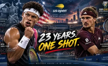 Ben Shelton and Alexander Zverev face off in a cinematic US Open 2026 final graphic at Arthur Ashe Stadium, highlighting America’s 23-year men’s Grand Slam title drought.
