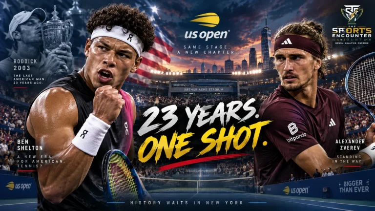 Ben Shelton and Alexander Zverev face off in a cinematic US Open 2026 final graphic at Arthur Ashe Stadium, highlighting America’s 23-year men’s Grand Slam title drought.