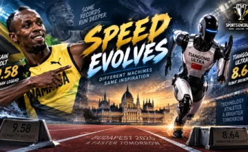 Usain Bolt smiles beside a futuristic humanoid robot on a 100m track as TianGong Ultra’s 8.64-second robotic sprint is compared with Bolt’s official 9.58 human world record.