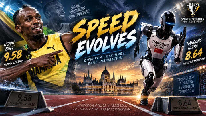 Usain Bolt smiles beside a futuristic humanoid robot on a 100m track as TianGong Ultra’s 8.64-second robotic sprint is compared with Bolt’s official 9.58 human world record.
