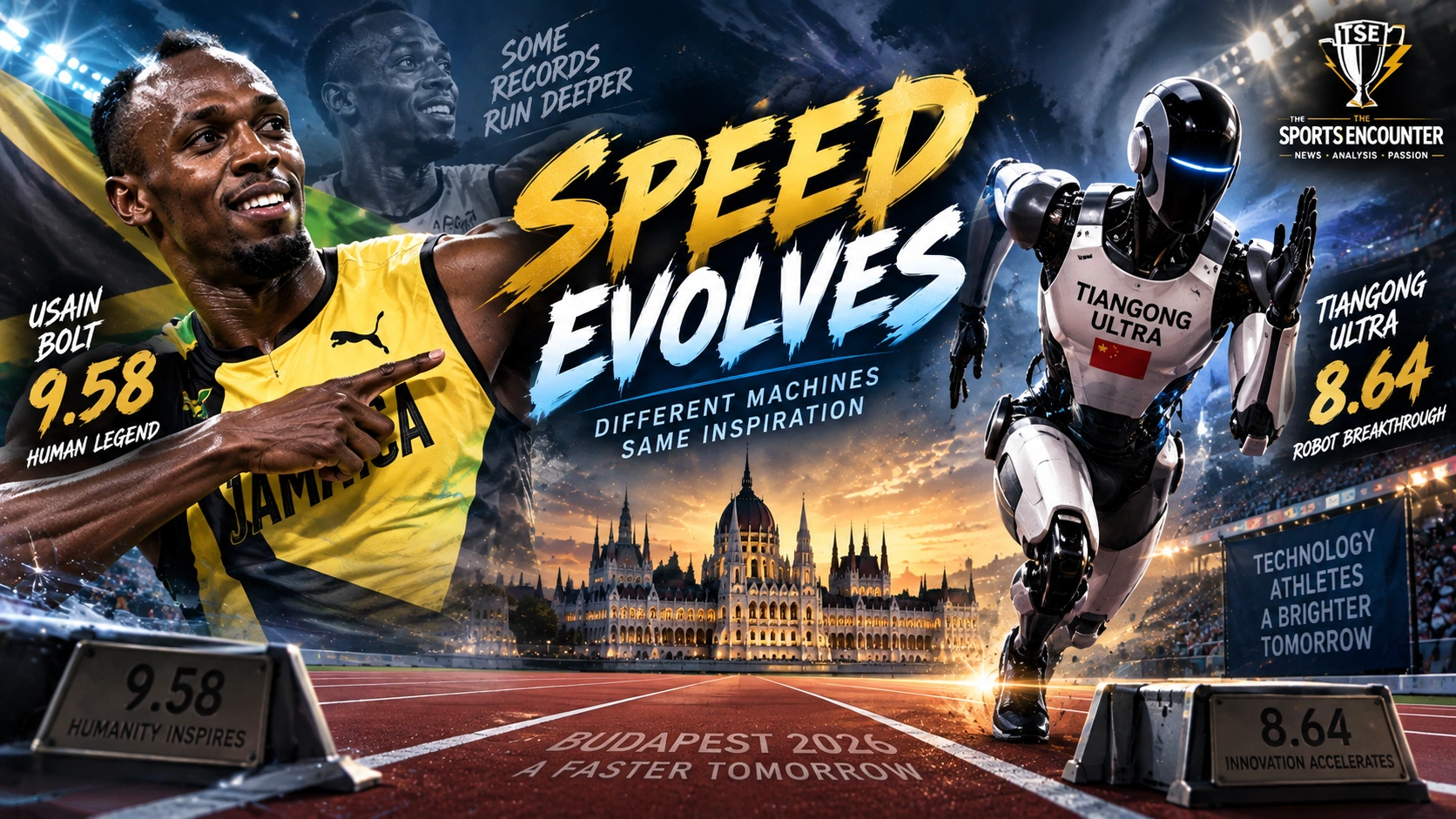 Usain Bolt smiles beside a futuristic humanoid robot on a 100m track as TianGong Ultra’s 8.64-second robotic sprint is compared with Bolt’s official 9.58 human world record.