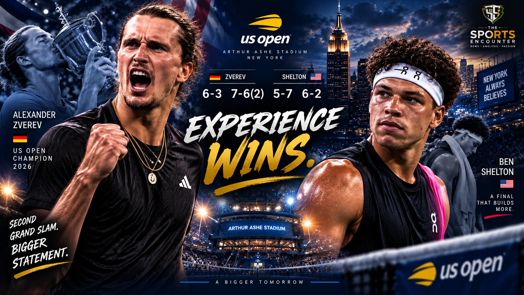 Alexander Zverev celebrates after defeating Ben Shelton in the 2026 US Open men's singles final at Arthur Ashe Stadium.