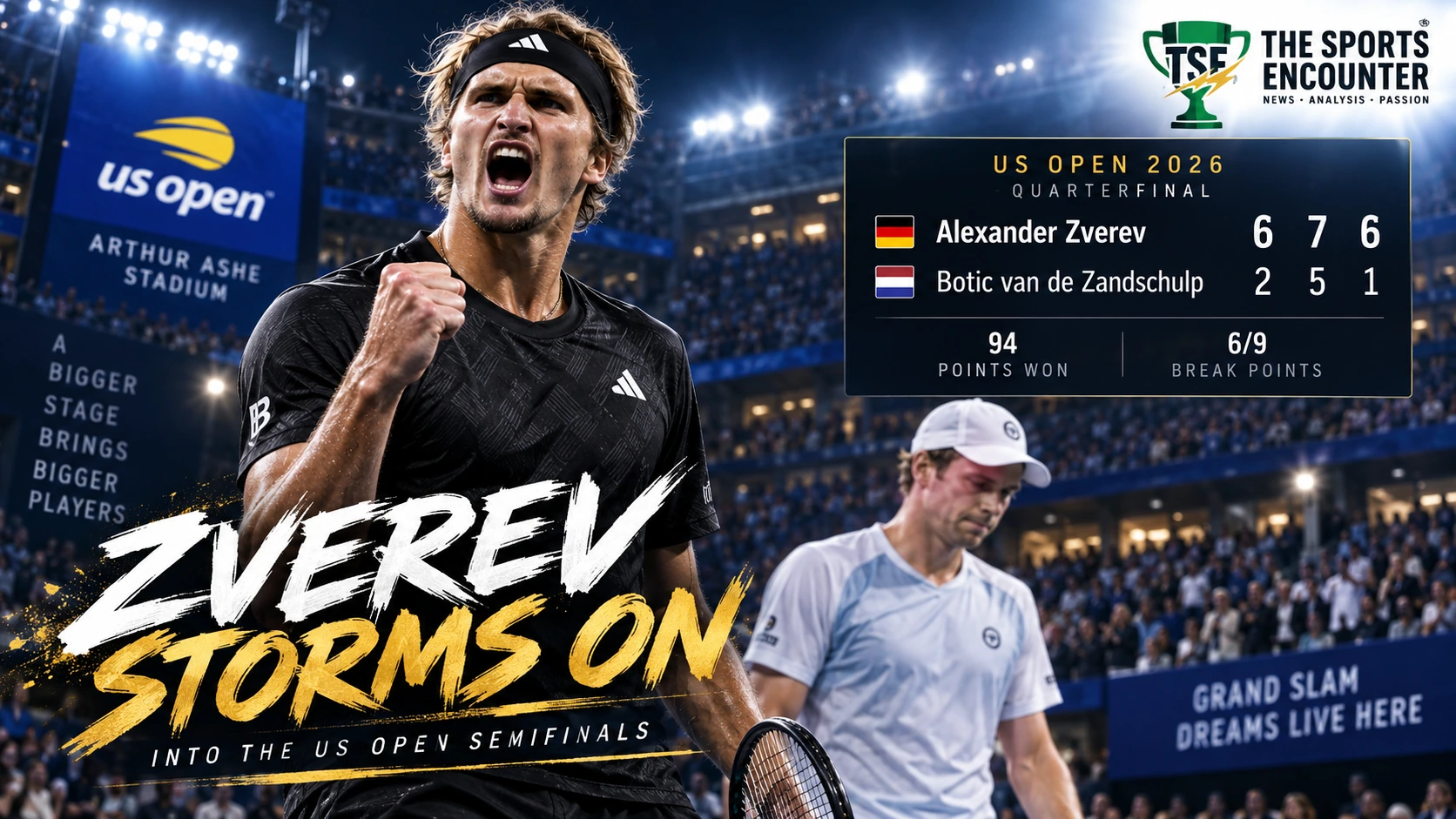 Alexander Zverev celebrates after defeating Botic van de Zandschulp in straight sets to reach the US Open 2026 semifinals at Arthur Ashe Stadium.