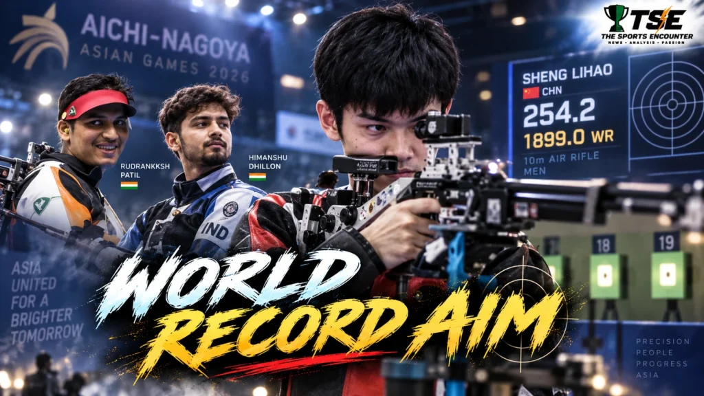 Sheng Lihao competes in the men’s 10m air rifle at the 2026 Asian Games after China set a team world record and India won silver and bronze.