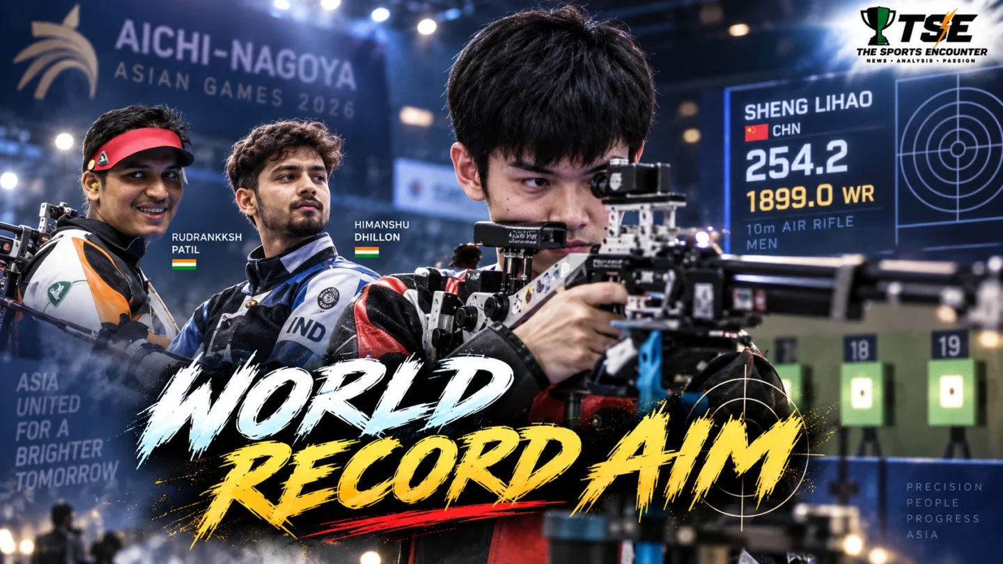 Sheng Lihao competes in the men’s 10m air rifle at the 2026 Asian Games after China set a team world record and India won silver and bronze.