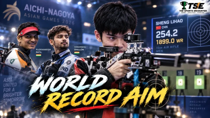 Sheng Lihao competes in the men’s 10m air rifle at the 2026 Asian Games after China set a team world record and India won silver and bronze.