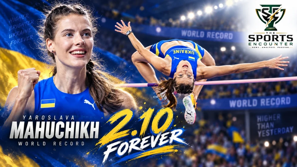 Yaroslava Mahuchikh reacts after clearing 2.10m to break the women’s high jump world record at the Paris Diamond League in 2024.