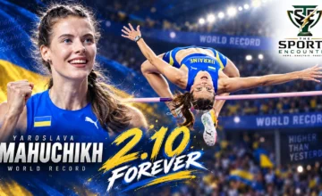 Yaroslava Mahuchikh reacts after clearing 2.10m to break the women’s high jump world record at the Paris Diamond League in 2024.