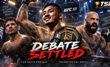 Joshua Van celebrates after defeating Alexandre Pantoja at UFC 331, with Arman Tsarukyan and Sean Sharaf featured after major knockout victories in Los Angeles.