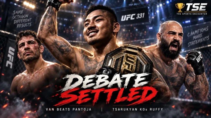 Joshua Van celebrates after defeating Alexandre Pantoja at UFC 331, with Arman Tsarukyan and Sean Sharaf featured after major knockout victories in Los Angeles.