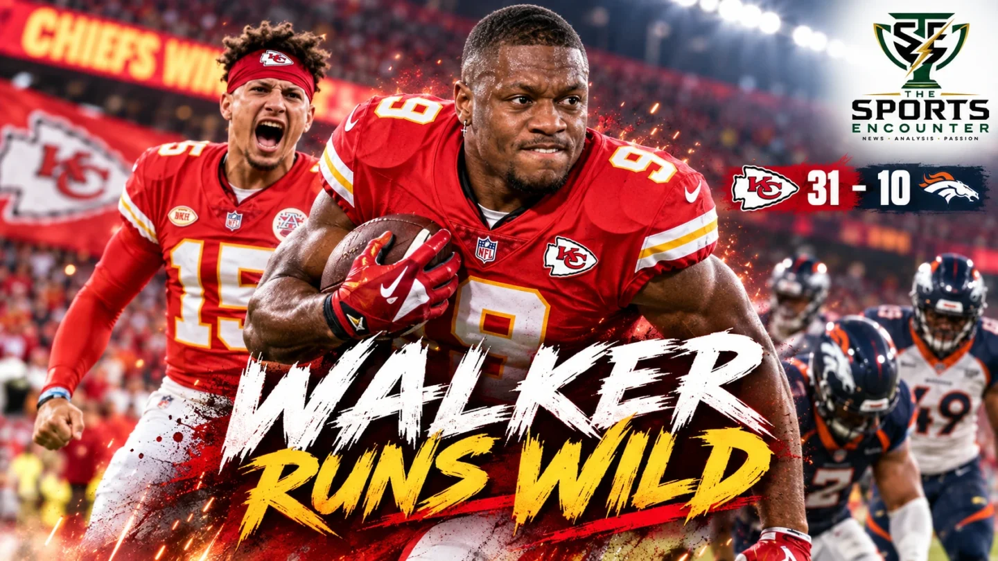 Kenneth Walker III powers through Denver defenders as Patrick Mahomes celebrates during the Chiefs’ 31-10 NFL Week 1 victory.