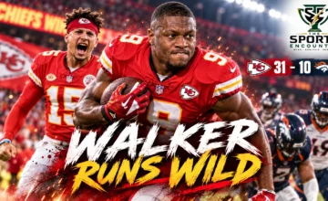 Kenneth Walker III powers through Denver defenders as Patrick Mahomes celebrates during the Chiefs’ 31-10 NFL Week 1 victory.